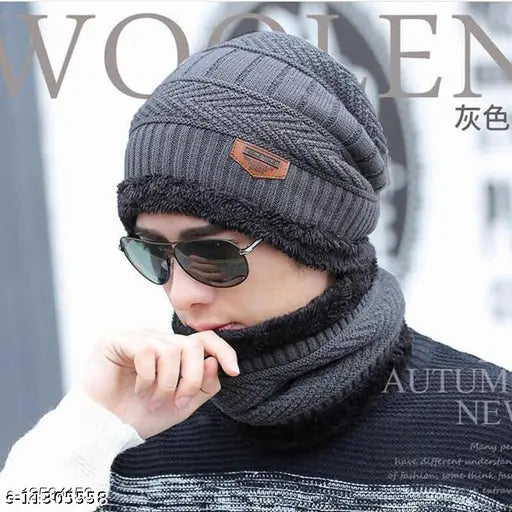 Grey wool textured cap for men, set of 1 from India