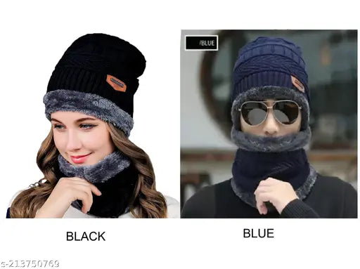 Black-blue wool balaclava caps with soft fur lining for men and women - cozy, comfortable, and warm winter accessory