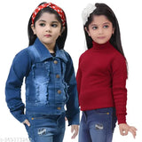 Blue & Maroon Denim Jacket Combo Pack for Girls 2-8 Years, versatile children's outerwear with long sleeves and high neck, tailored for comfort and style, India-made