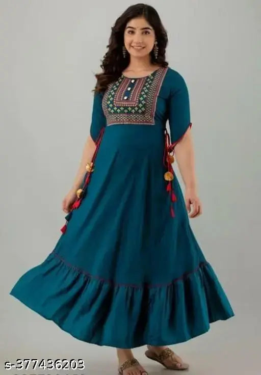 Solid Rayon tassel long-sleeved kurti, single color style, Indian-made fashion for women