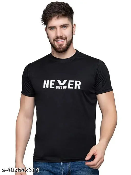 White printed polyester men's round neck t-shirt with 'Never Give U' design, perfect for gym or running