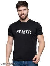 White printed polyester men's round neck t-shirt with 'Never Give U' design, perfect for gym or running