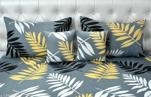 Glace cotton botanical queen size double bed sheet set with 2 quilted pillow covers & cushions, ideal for summer use