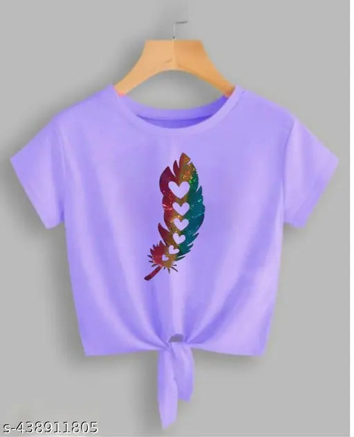 Lavender crop Lycra top for women and girls with glitter wings, short sleeves, printed net design