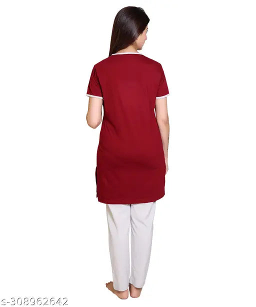 Soft and breathable printed cotton blend round neck nightsuit for women and girls, AZF brand