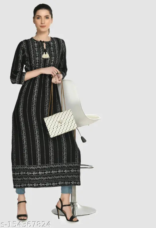 Rayon printed stripe kurta, three-quarter sleeve ladies' style from India. Comfortable fit for day to night wear