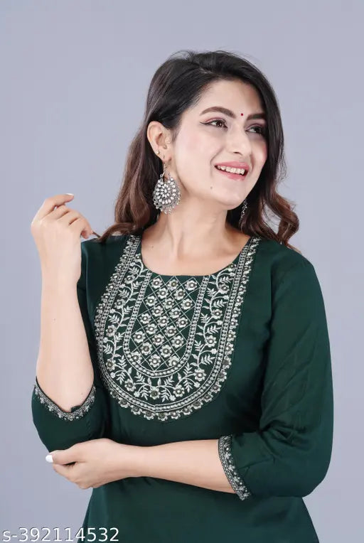 Rayon embroidered kurtis, trendy three-quarter sleeve fashion for women, India origin