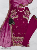 Cherry print georgette kurta set with dupatta and bottomwear, three-quarter sleeves on mannequin