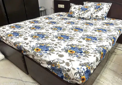 Blue and White Floral Polycotton Flat Sheet (90 x 100 inch) with 2 Pillow Covers (20x12 inch each), Finesse Decor