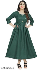 Olive rayon flared kurti with show button - latest summer design 2023, perfect for M, L, XL, XXL bust sizes