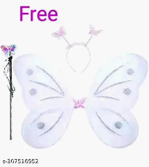 White designer Pari dress with butterfly wings and hair band for girls, embellished net fabric, three-quarter sleeves, perfect for fairy princess role play