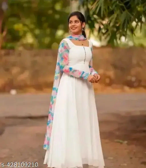 White georgette digital gown KPP 3 DI, long-sleeved solid dress for women in various sizes (S, M, L, XL, XXL, XXXL) from India