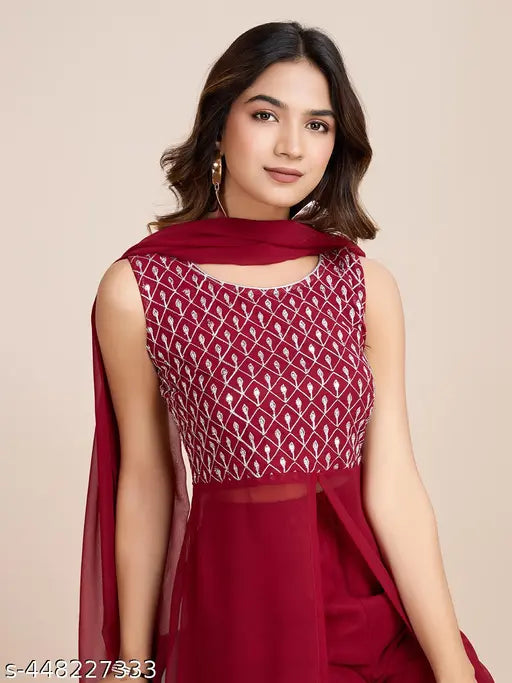 Georgette off-shoulder floral embroidered traditional Kurta set with Salwar & Dupatta, summer party wear for weddings