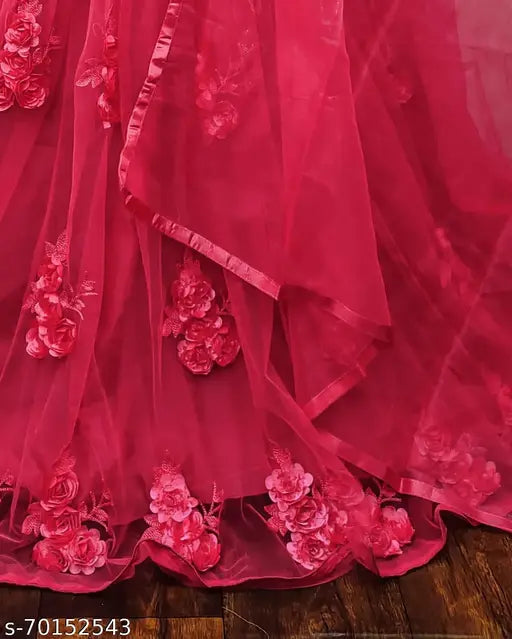 Semi-stitched satin lehenga ensemble in free size, featuring a solid colored top and net bottom, with a matching lace dupatta from India