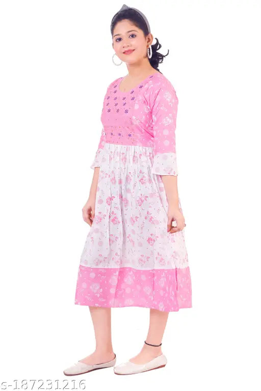 Red rayon traditional printed long frock with three-quarter sleeves, perfect for formal occasions. Indian-made dress for 12-13 to 14-15 year old girls