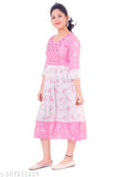 Red rayon traditional printed long frock with three-quarter sleeves, perfect for formal occasions. Indian-made dress for 12-13 to 14-15 year old girls