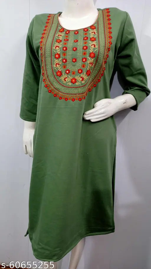 Green embroidered wool kurti with three-quarter sleeves, camellia design. Women's straight woolen kurti for trendy day or occasion wear. Made in India