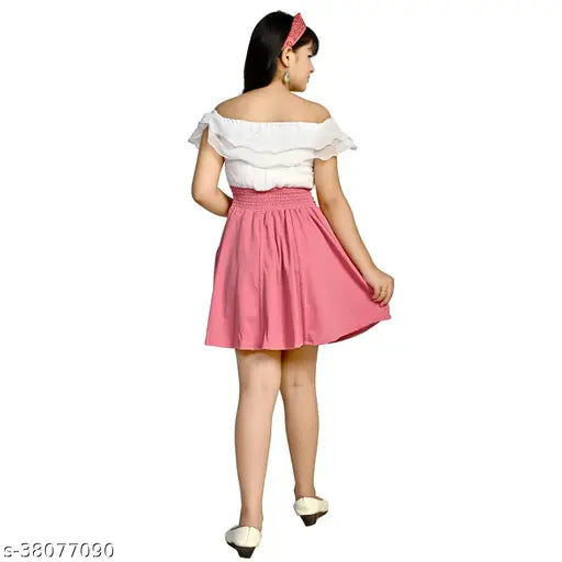 White-pink cotton blend knee length fit and flare off shoulder dress, trendy and fashionable for girls aged 7-13 years