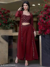 Embroidered Georgette top shrug and palazzo set, three-quarter sleeves. Traditional yet stylish Indian fashion for women