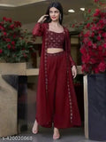Embroidered Georgette top shrug and palazzo set, three-quarter sleeves. Traditional yet stylish Indian fashion for women