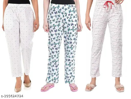 Premium stretchable cotton women's capri pajamas, multiple designs on white base, Pack of 3