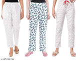 Premium stretchable cotton women's capri pajamas, multiple designs on white base, Pack of 3
