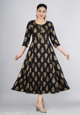 Rayon gold-printed Anarkali Kurti, three-quarter sleeves, vibrant Indian fashion on model