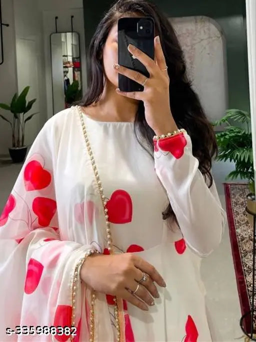 Printed Georgette Gown & Dupatta Set, Indian fashion with pearl border for women (S: 36in-52in)