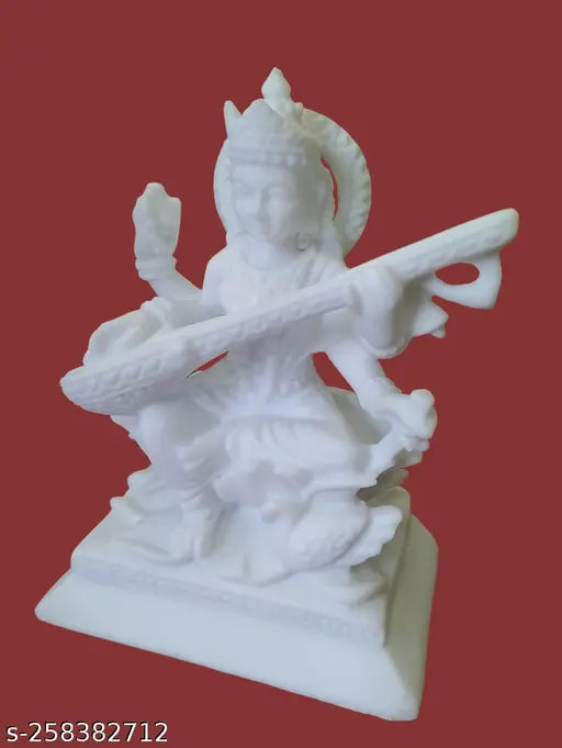 Marble Saraswati Statue Diwali Puja, 6-inch white - Detailed decorative figurine for home or office interiors