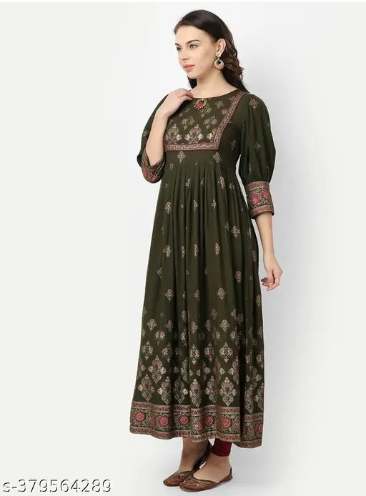 Rayon singal gown, printed combo, three-quarter sleeves, Indian bridal wear on model