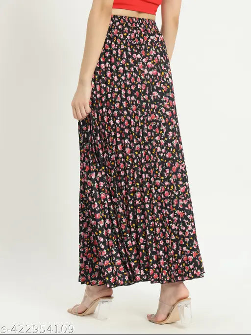 Floral print crepe skirt, elastic waist, versatile women's long skirt, elegant for all occasions