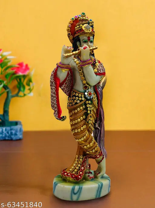 Handcrafted 10cm x 29cm x 8cm poly resin Krishna Idol in white marble finish, adorned with multicolored stones and jewels, perfect for puja gifts