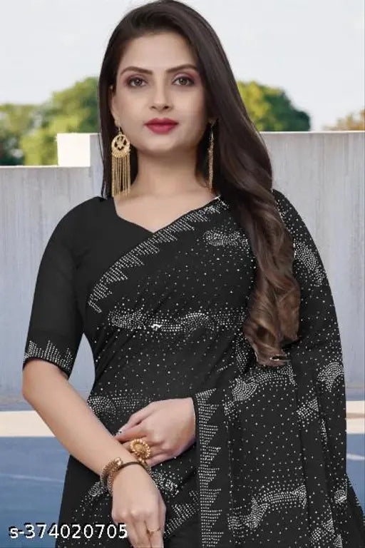 Georgette silk saree with heavy diamond work border, contrast blouse. Indian-made, embellished sari and matching blouse