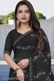 Georgette silk saree with heavy diamond work border, contrast blouse. Indian-made, embellished sari and matching blouse
