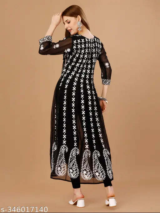 Georgette Chikankari three-quarter sleeve refined kurti, cross-dyed, India origin