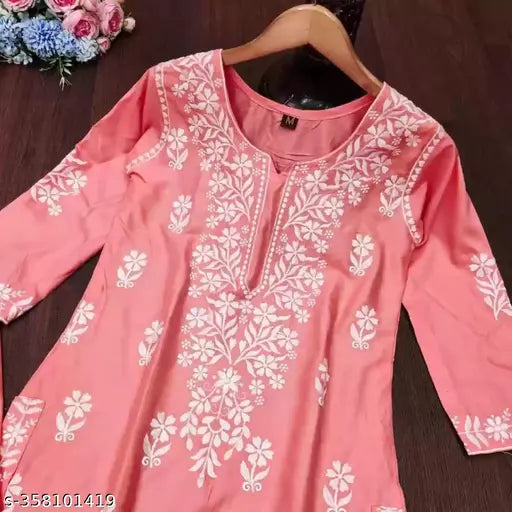 Rayon chikankari embroidery kurta set with pants, intricate net patterns on three-quarter sleeve kurtas and matching rayon pants