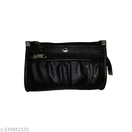 Black canvas and leather 5-compartment clutch for women and girls, featuring a sophisticated design with precision stitching and secure closure