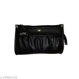 Black canvas and leather 5-compartment clutch for women and girls, featuring a sophisticated design with precision stitching and secure closure