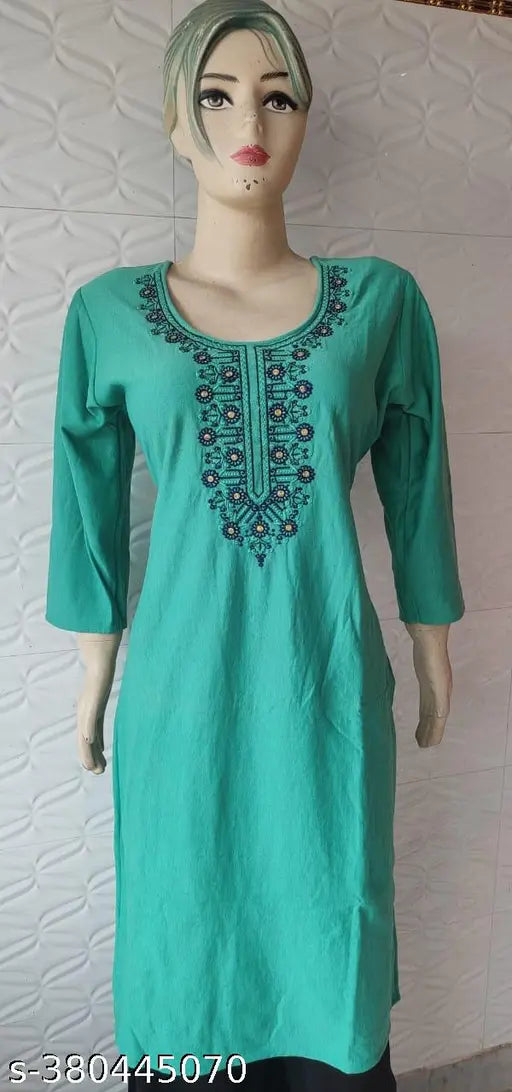 Rama Green woolen women's kurti with computer embroidery work, wearable for festive, office, and casual occasions, features soft, comfortable fabric