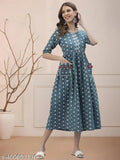 Beautifully designed cotton Anarkali kurta with three-quarter sleeves, print combo, available in various sizes. Comfortable, customizable Indian attire for women's casual wear