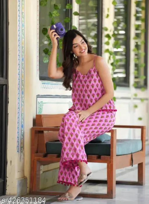 Printed rayon pyjama set, sleeveless spaghetti top and palazzo bottom with elasticized waistband. Comes in various sizes: XS, S, M, L, XL, XXL, XXXL, 4XL (India-made)