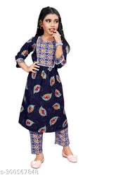 Girls cotton festive party wedding uniq design Kurta and pyjama pant set, rayon fabric, A-line top, pyjamas bottom, printed pattern, three-quarter sleeves. Ideal for special occasions, kids' wardrobe essential