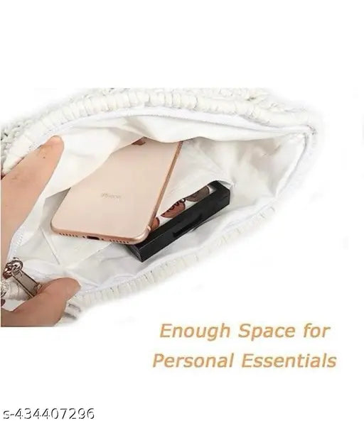 Handmade cream macrame clutch with tassel - natural textured fabric, zip closure, free size for beach or casual outings