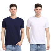 Navy and White Men's Cotton Round Neck Regular T-shirts Combo (Pack of 2) - Solid pattern, short sleeves, perfect for everyday wear, India origin