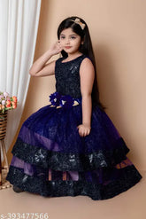 Maroon, Navy Blue, Bottle Green, Purple printed double-layered ankle-length gowns in super net fabric - stylish for 2-7 year old girls