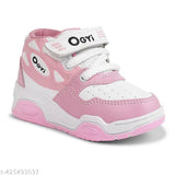 Pink synthetic leather & PVC sports shoes for kids (ages 18mo-5yrs). Breathable, lightweight, flexible, cushioned, and durable