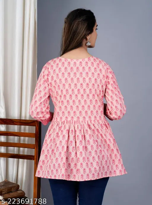 New stylish cotton printed three-quarter sleeve tops - vibrant flower design, 100% breathable cotton, Indian handwork