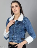 Denim dhol fur jacket, self-design net women's long sleeve jacket (N), size S/M, made in India