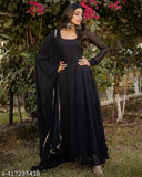 Women's black maxi gown with dupatta set, georgette fabric and crepe lining, Indian-origin women's wear with full stitching and long flair style, S to XXL sizes available