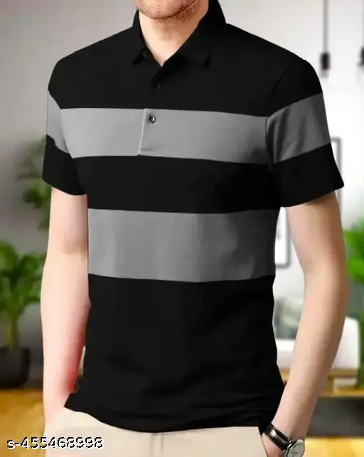 Black and Grey Colorblocked Cotton T-Shirt, striped design, short sleeves, suitable for various styles, cotton blend fabric, slight stretch, available in sizes S-XXL